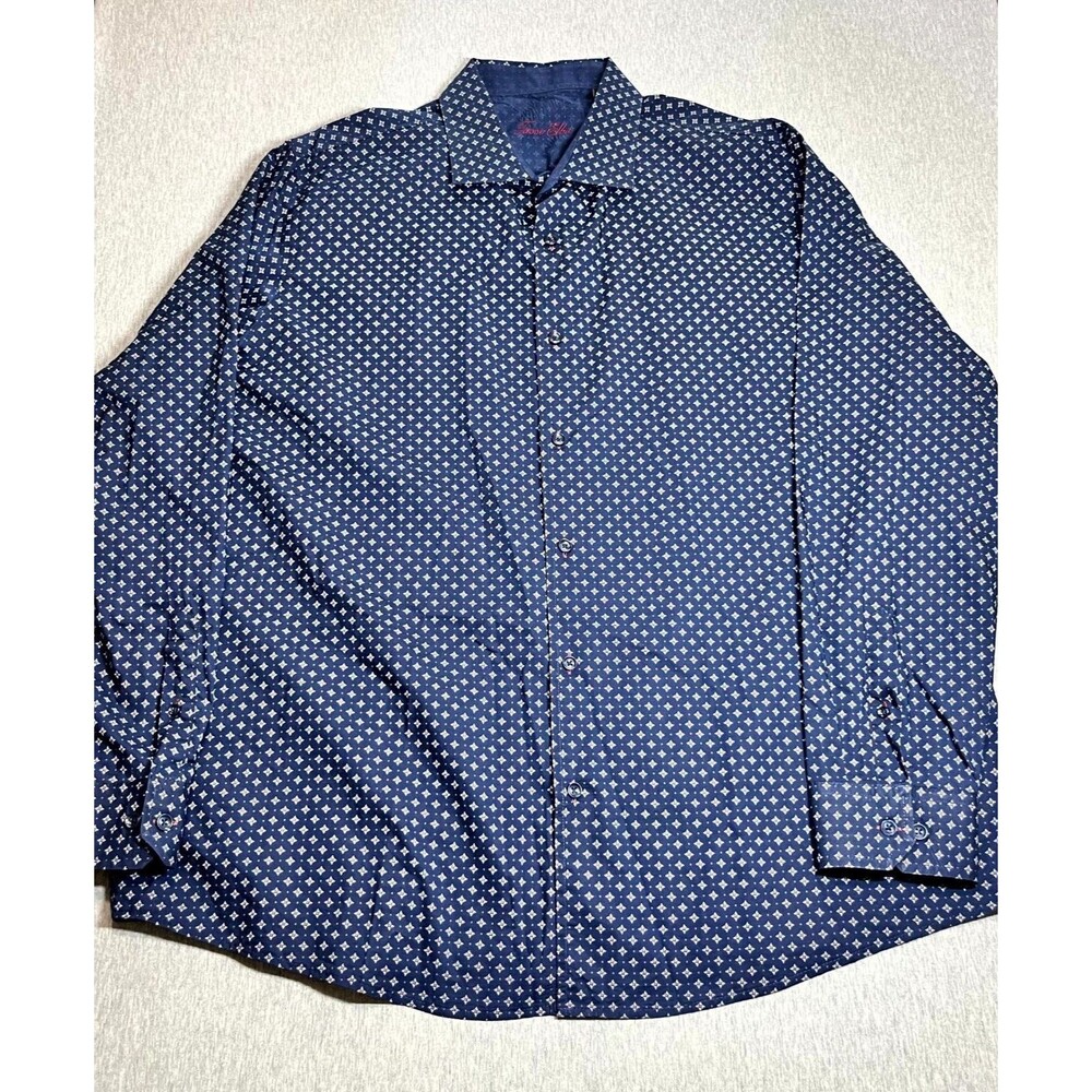 Tasso Elba Shirt Mens Small Blue Patterned Cotton Button Up Long Sleeve XXL